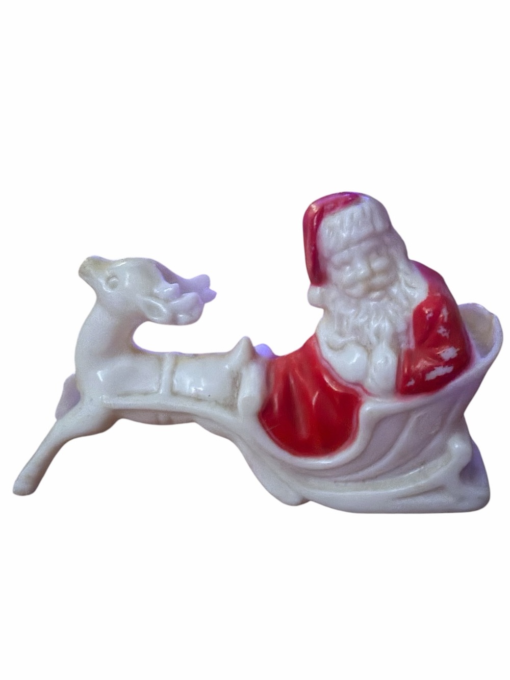 Vintage 1950s 60s Plastic Santa Sleigh Reindeer Miniature Christmas MCM 4”